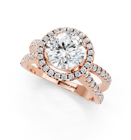 Rose gold Round Cut Halo Split Shank Pave Set Ring_24