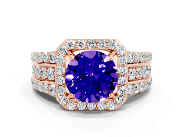 Rose gold Round Cut Halo Tanzanite Ring with Round  Split Shank and Prong Setting