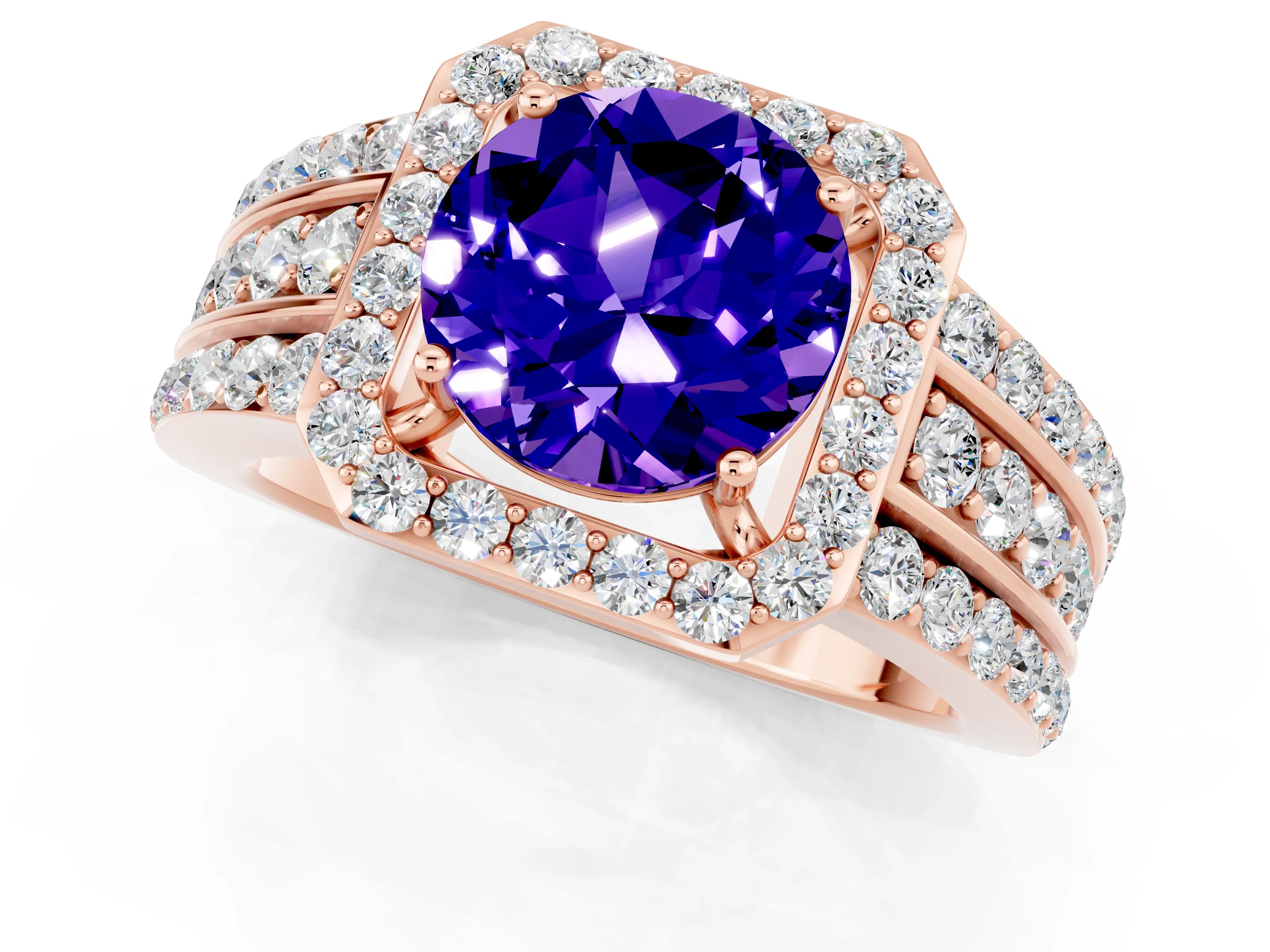 Rose gold Round Cut Halo Tanzanite Ring with Split Shank and Four-Prong Setting_1