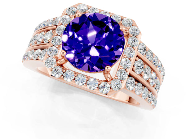 Rose gold Round Cut Halo Tanzanite Ring with Round  Split Shank and Prong Setting