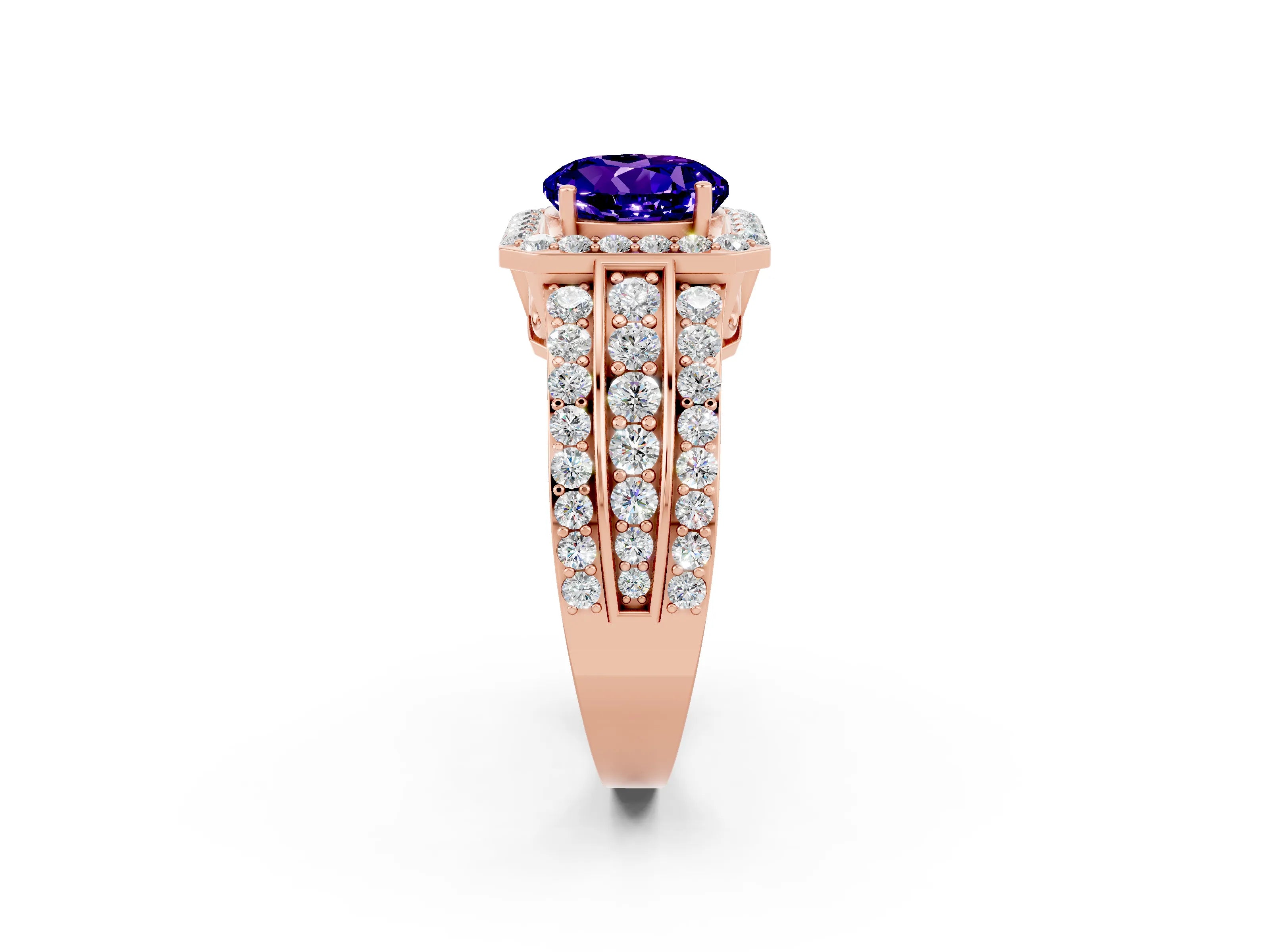 Rose gold Round Cut Halo Tanzanite Ring with Split Shank and Four-Prong Setting_2