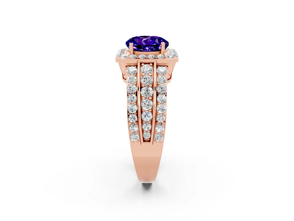 Rose gold Round Cut Halo Tanzanite Ring with Round  Split Shank and Prong Setting