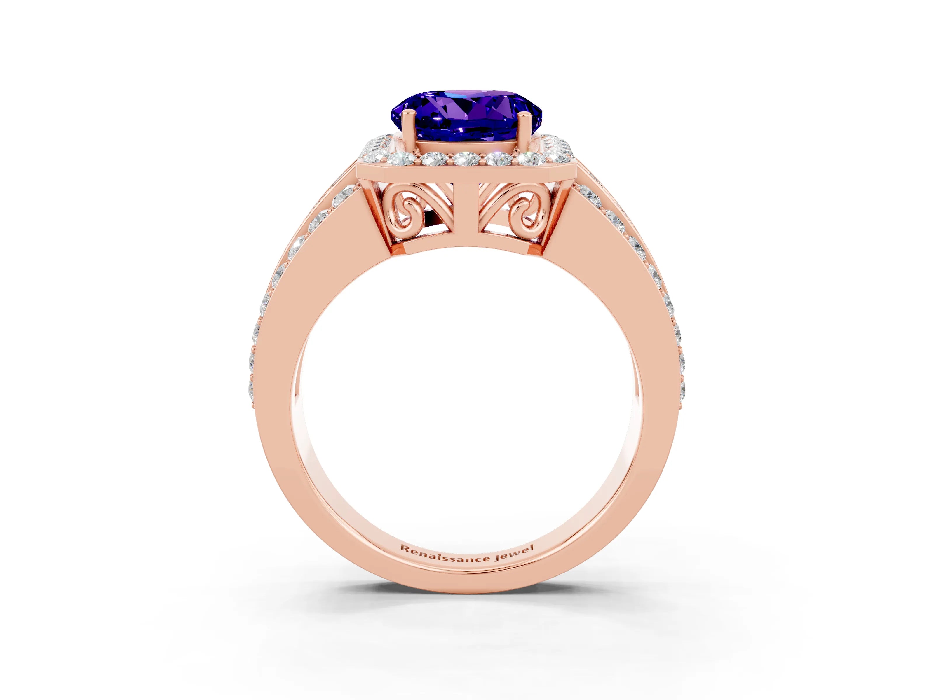 Rose gold Round Cut Halo Tanzanite Ring with Split Shank and Four-Prong Setting_3