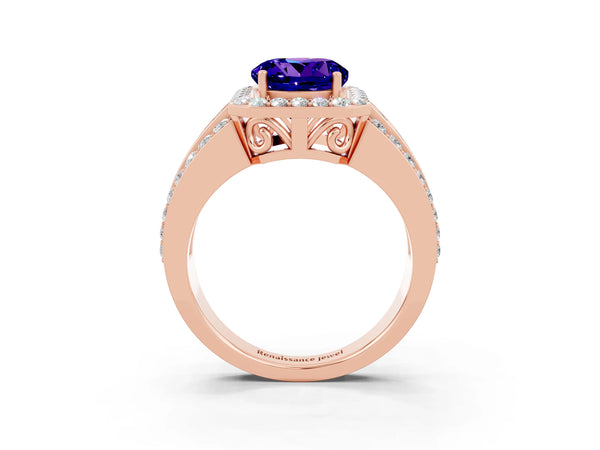 Rose gold Round Cut Halo Tanzanite Ring with Round  Split Shank and Prong Setting