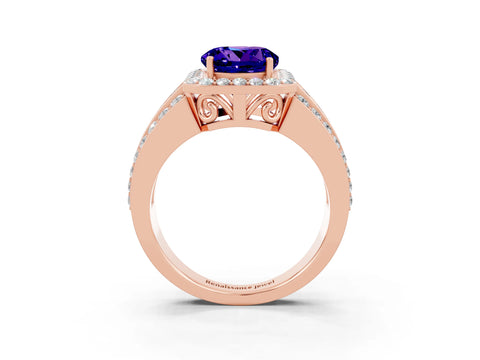 Rose gold Round Cut Halo Tanzanite Ring with Split Shank and Four-Prong Setting_3