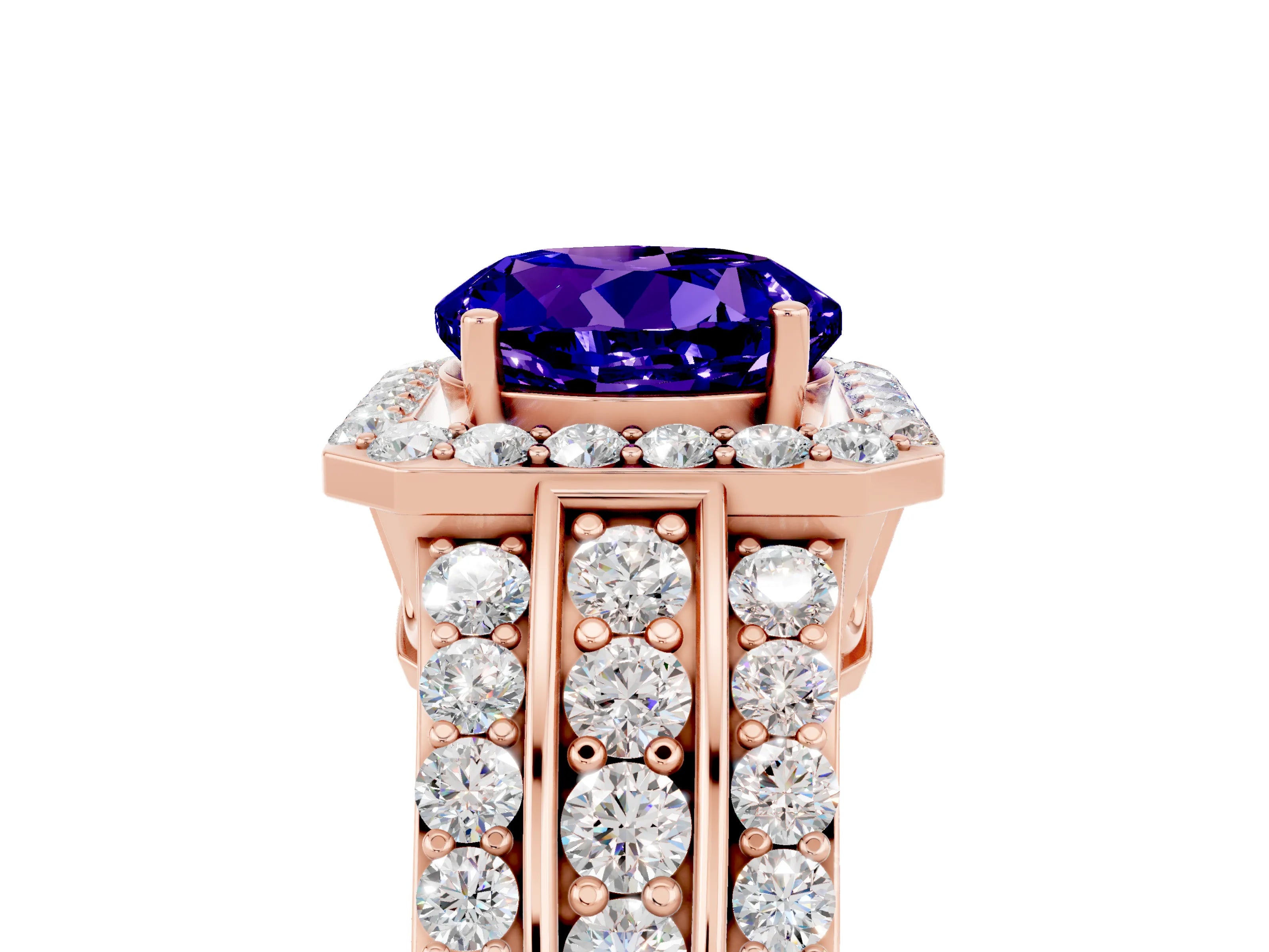 Rose gold Round Cut Halo Tanzanite Ring with Split Shank and Four-Prong Setting_5