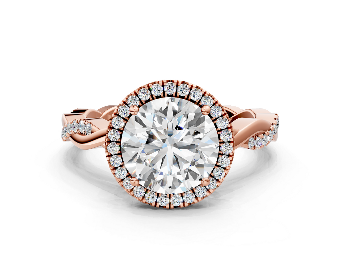 Rose gold Round Cut Halo Twisted Band Four-Prong Ring_33