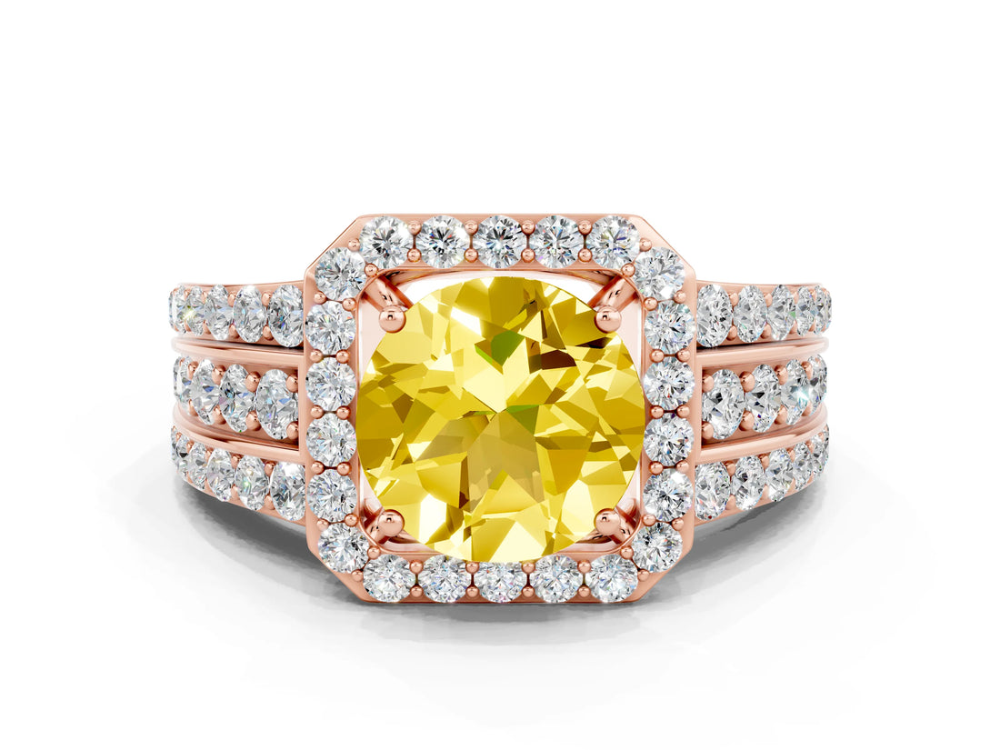 Rose gold Round Cut Halo Yellow Sapphire Ring with Split Shank and Four-Prong Setting_24