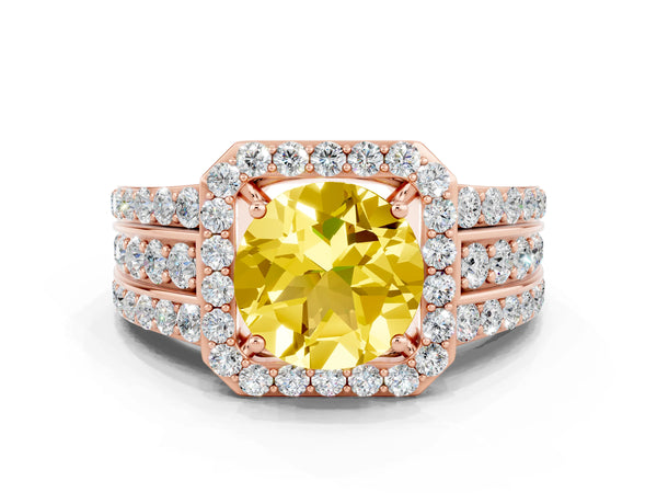Rose gold Round Cut Halo Yellow Sapphire Ring with Round  Split Shank and Prong Setting