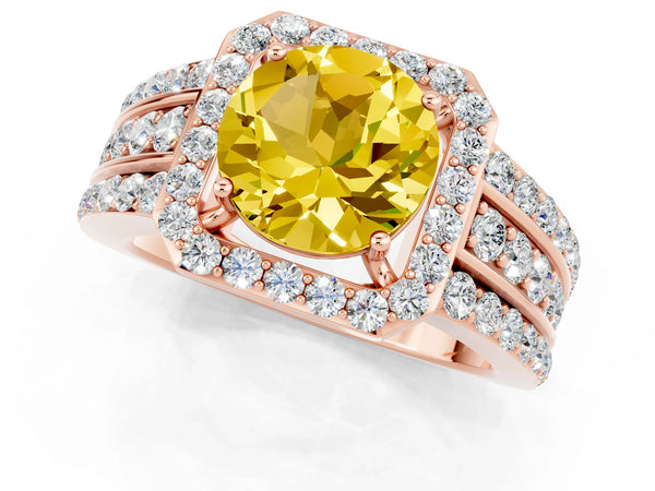 Rose gold Round Cut Halo Yellow Sapphire Ring with Round  Split Shank and Prong Setting