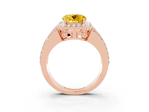 Rose gold Round Cut Halo Yellow Sapphire Ring with Round  Split Shank and Prong Setting