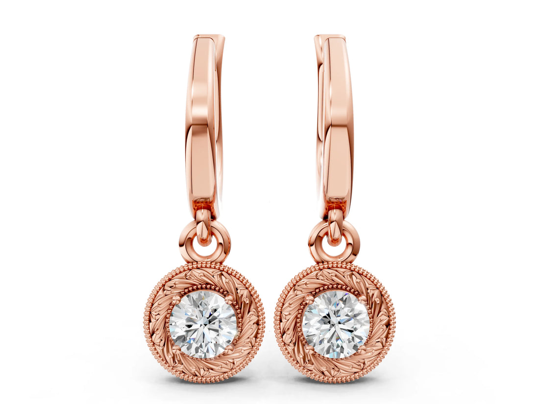 Rose gold Round Cut Milgrain Bezel Set Leverback Earrings_26