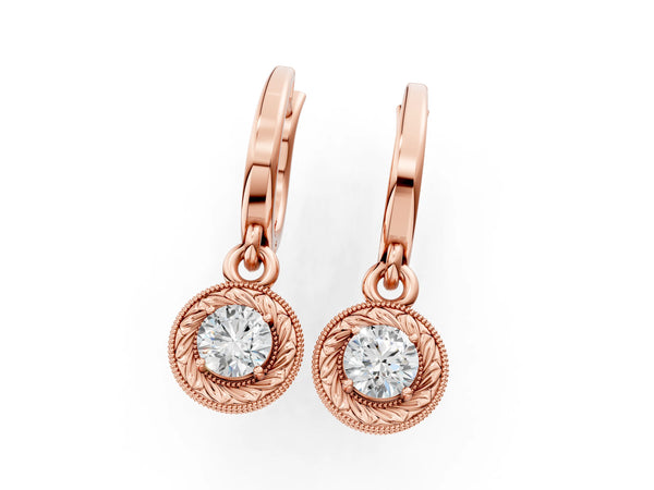 Rose gold Round Cut Milgrain Bezel Set Leverback Earrings