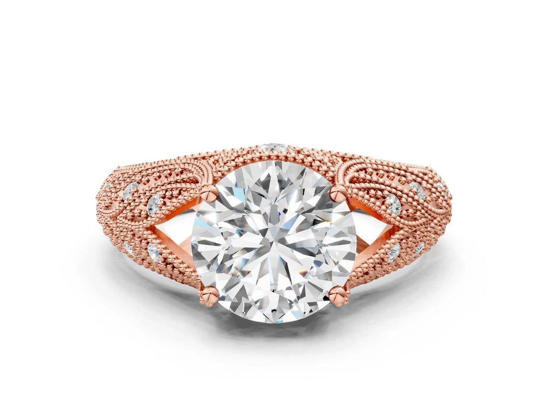 Rose gold Round Cut Milgrain Pave Diamond Engagement Ring with Four-Prong Setting_3