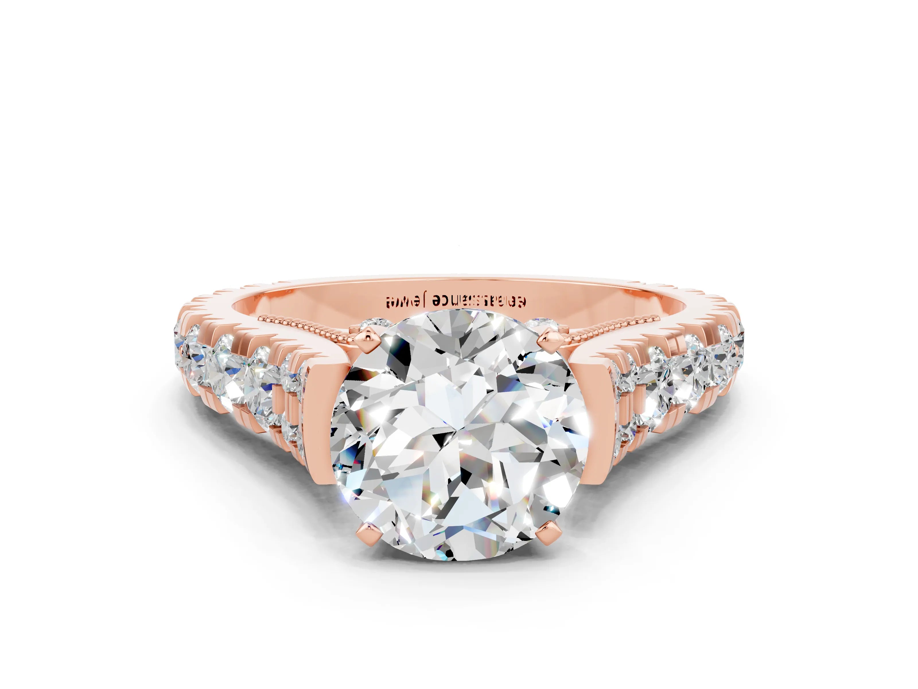 Rose gold Round Cut Moissanite Classic Solitaire Ring with Pavé Band and Four-Prong Setting