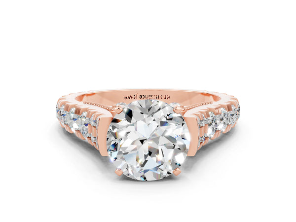 Rose gold Round Cut Moissanite Classic Solitaire Ring with Pavé Band and Four-Prong Setting