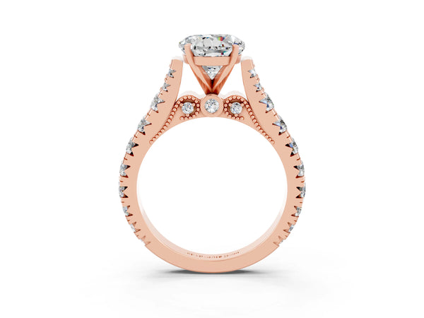 Rose gold Round Cut Moissanite Classic Solitaire Ring with Pavé Band and Four-Prong Setting