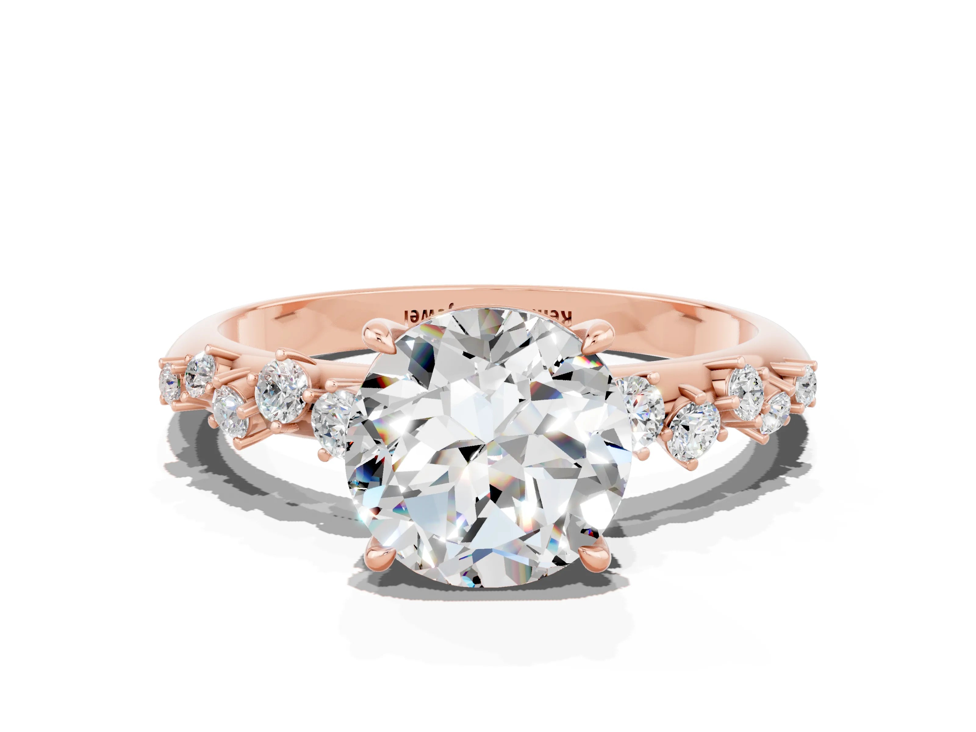 Rose gold Round Cut Moissanite Cluster Side Stone Solitaire Ring with Prong Setting_24