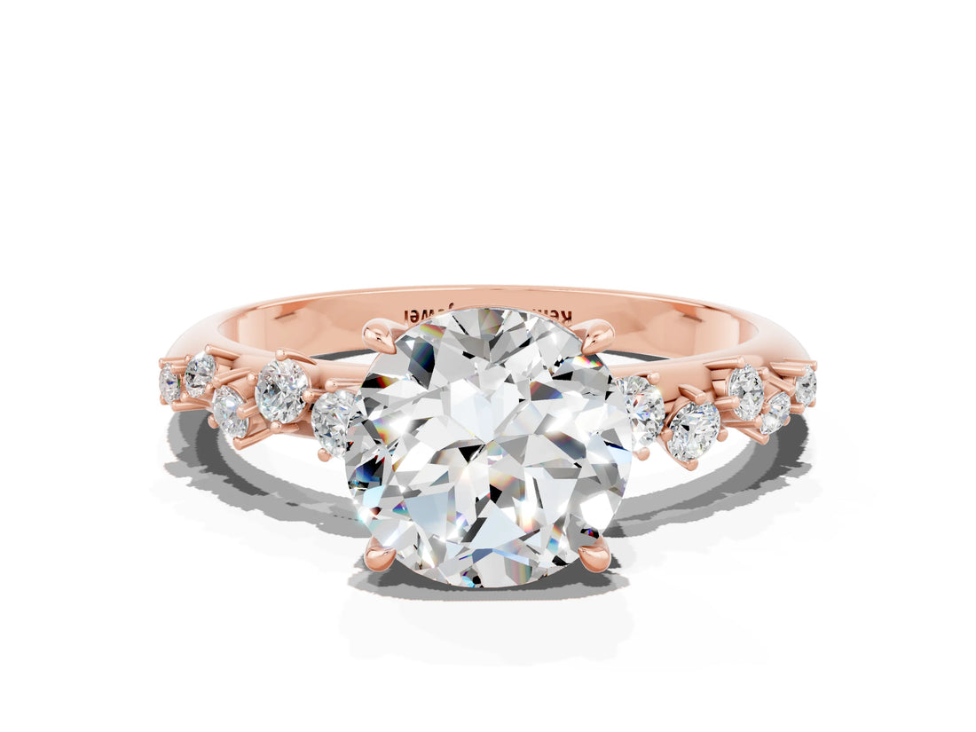 Rose gold Round Cut Moissanite Cluster Side Stone Solitaire Ring with Prong Setting_24
