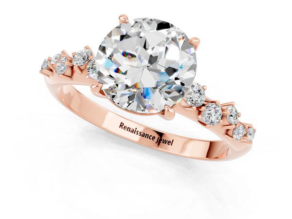 Rose gold Round Cut Moissanite Cluster Side Stone Solitaire Ring with Prong Setting