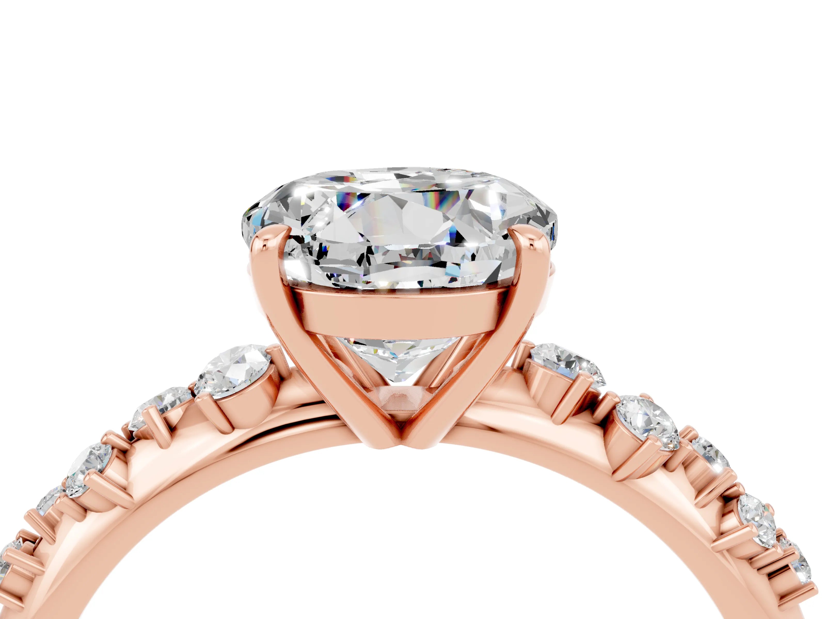 Rose gold Round Cut Moissanite Cluster Side Stone Solitaire Ring with Prong Setting_28