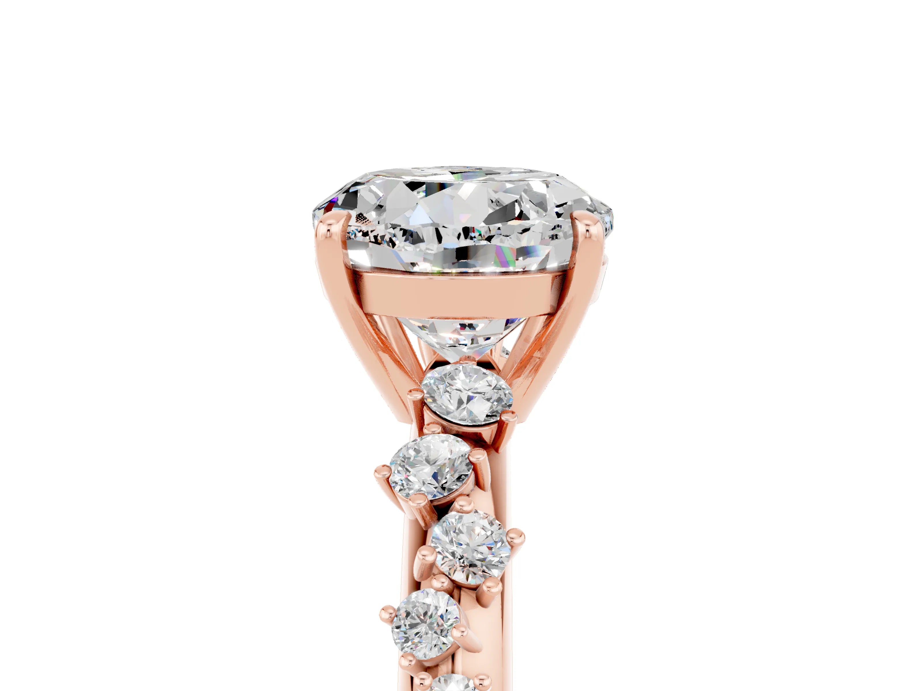 Rose gold Round Cut Moissanite Cluster Side Stone Solitaire Ring with Prong Setting_29