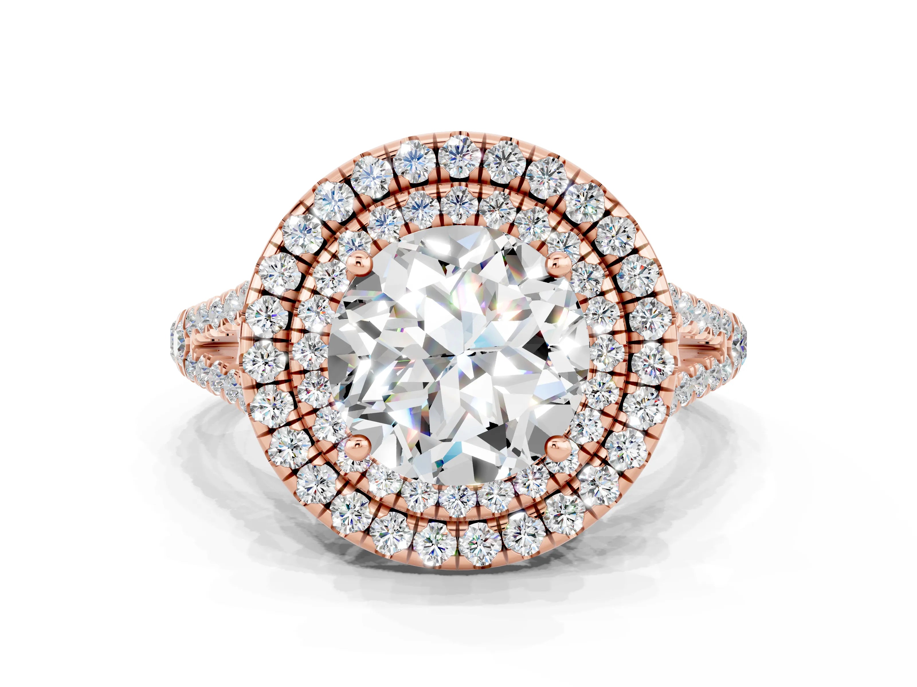 Rose gold Round Cut Moissanite Double Halo Ring with Pavé Band and Prong Setting_12