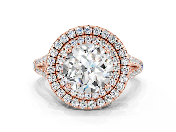 Rose gold Round Cut Moissanite Double Halo Ring with Pavé Band and Prong Setting