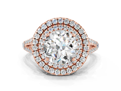 Rose gold Round Cut Moissanite Double Halo Ring with Pavé Band and Prong Setting_12