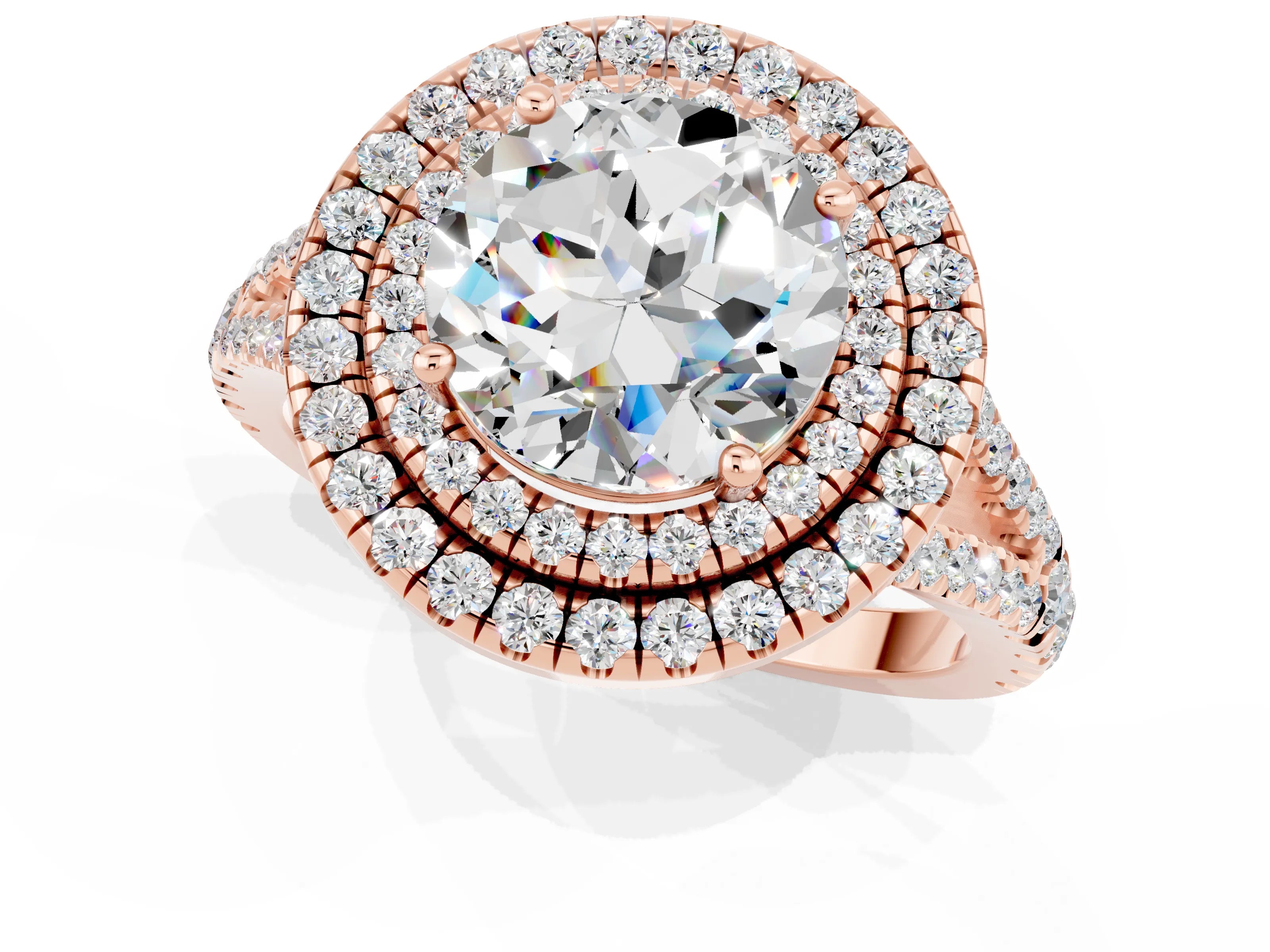 Rose gold Round Cut Moissanite Double Halo Ring with Pavé Band and Prong Setting_13