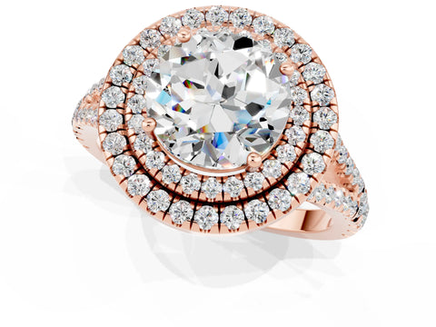 Rose gold Round Cut Moissanite Double Halo Ring with Pavé Band and Prong Setting_13