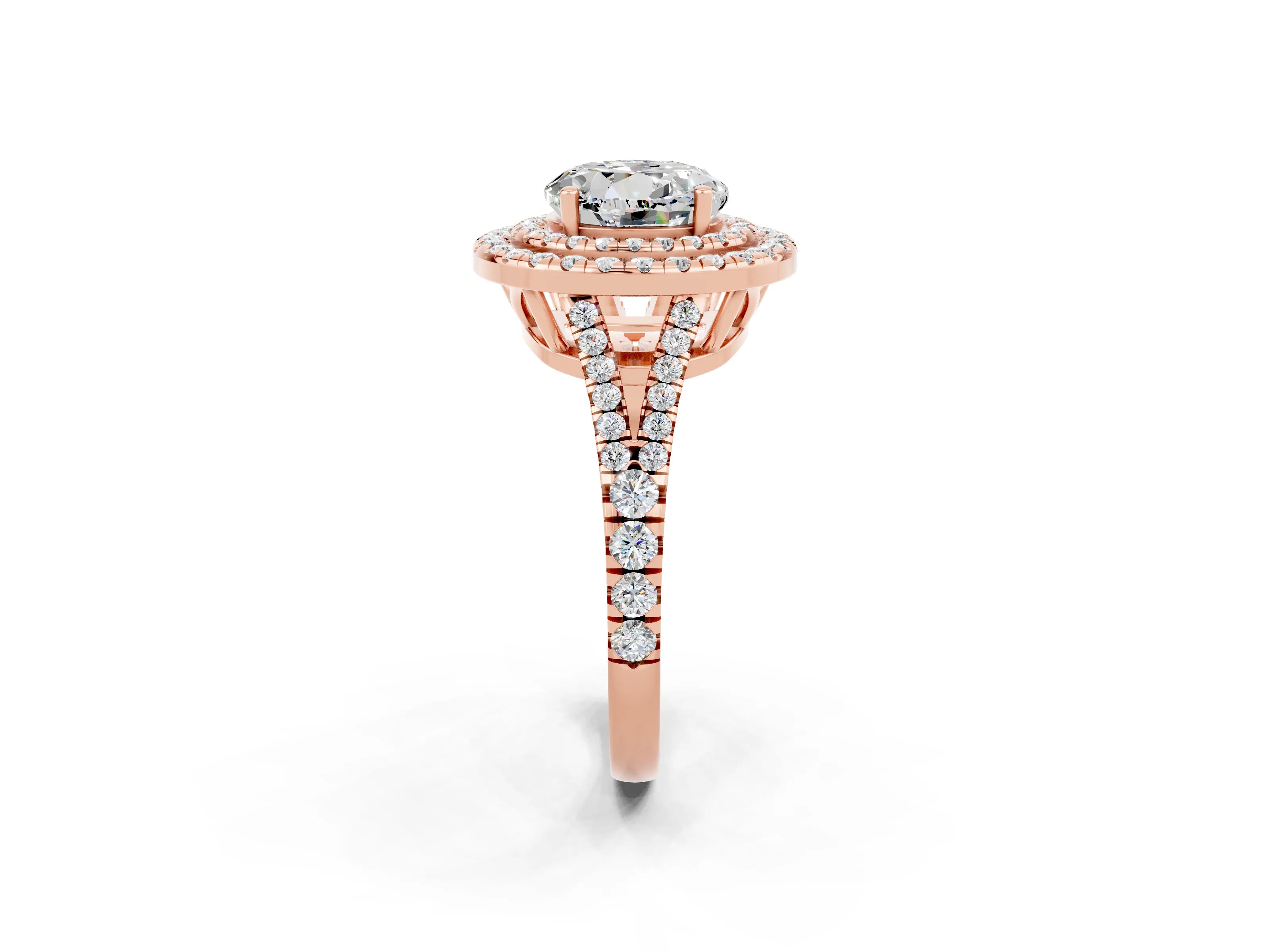 Rose gold Round Cut Moissanite Double Halo Ring with Pavé Band and Prong Setting_14