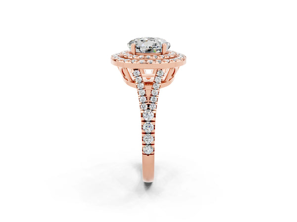 Rose gold Round Cut Moissanite Double Halo Ring with Pavé Band and Prong Setting