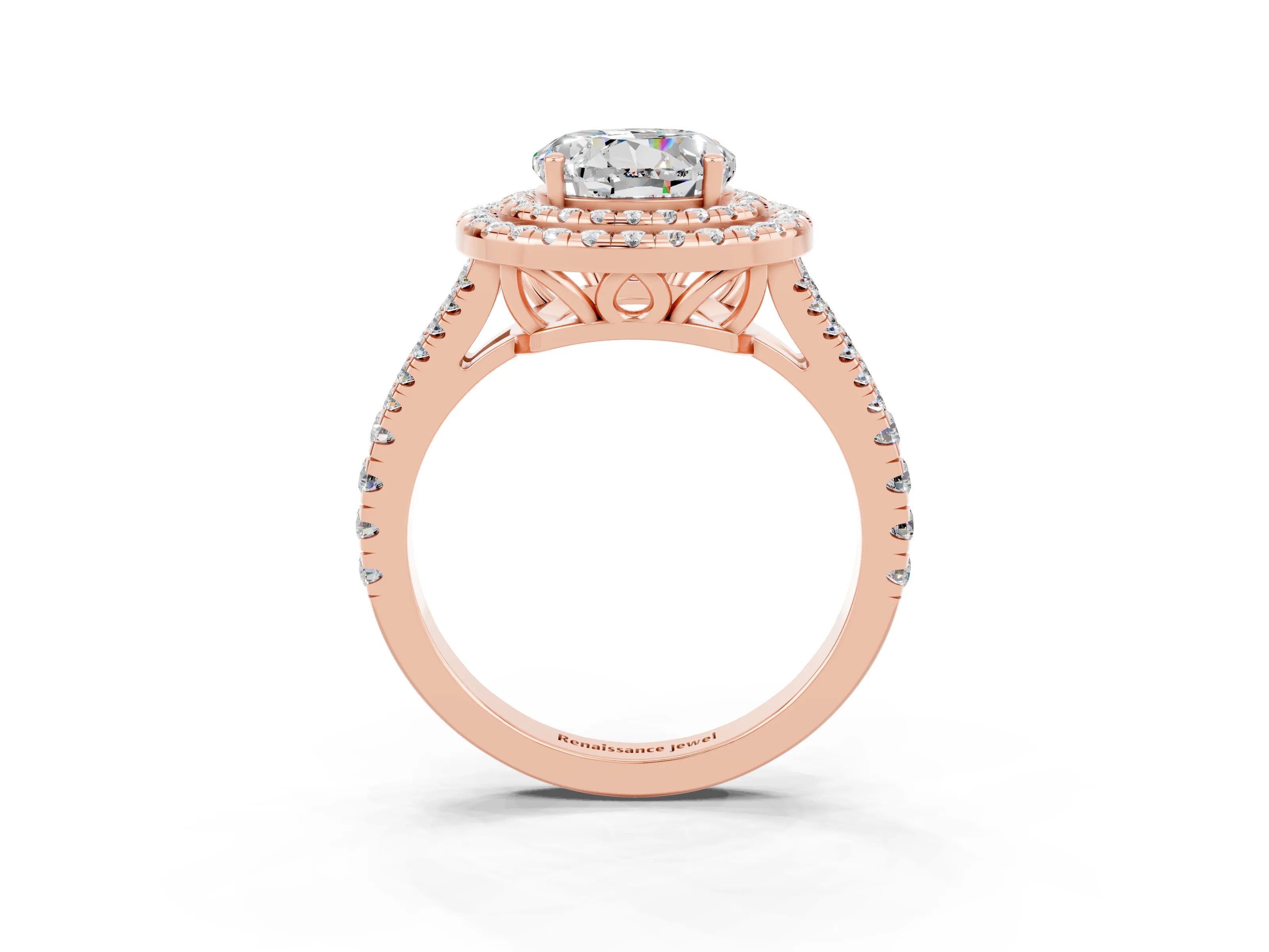 Rose gold Round Cut Moissanite Double Halo Ring with Pavé Band and Prong Setting_15