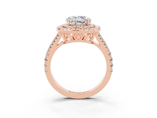 Rose gold Round Cut Moissanite Double Halo Ring with Pavé Band and Prong Setting