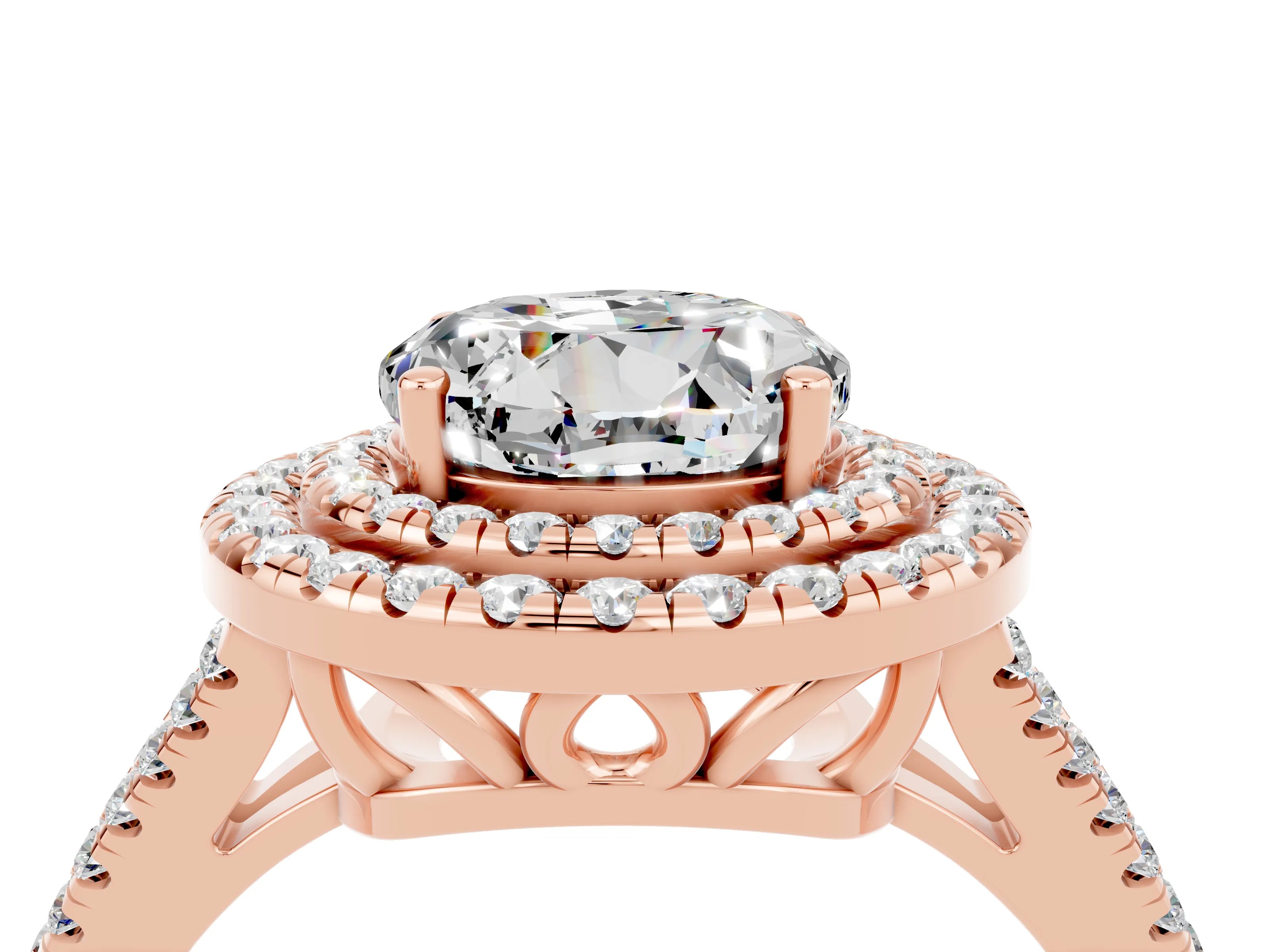 Rose gold Round Cut Moissanite Double Halo Ring with Pavé Band and Prong Setting_16