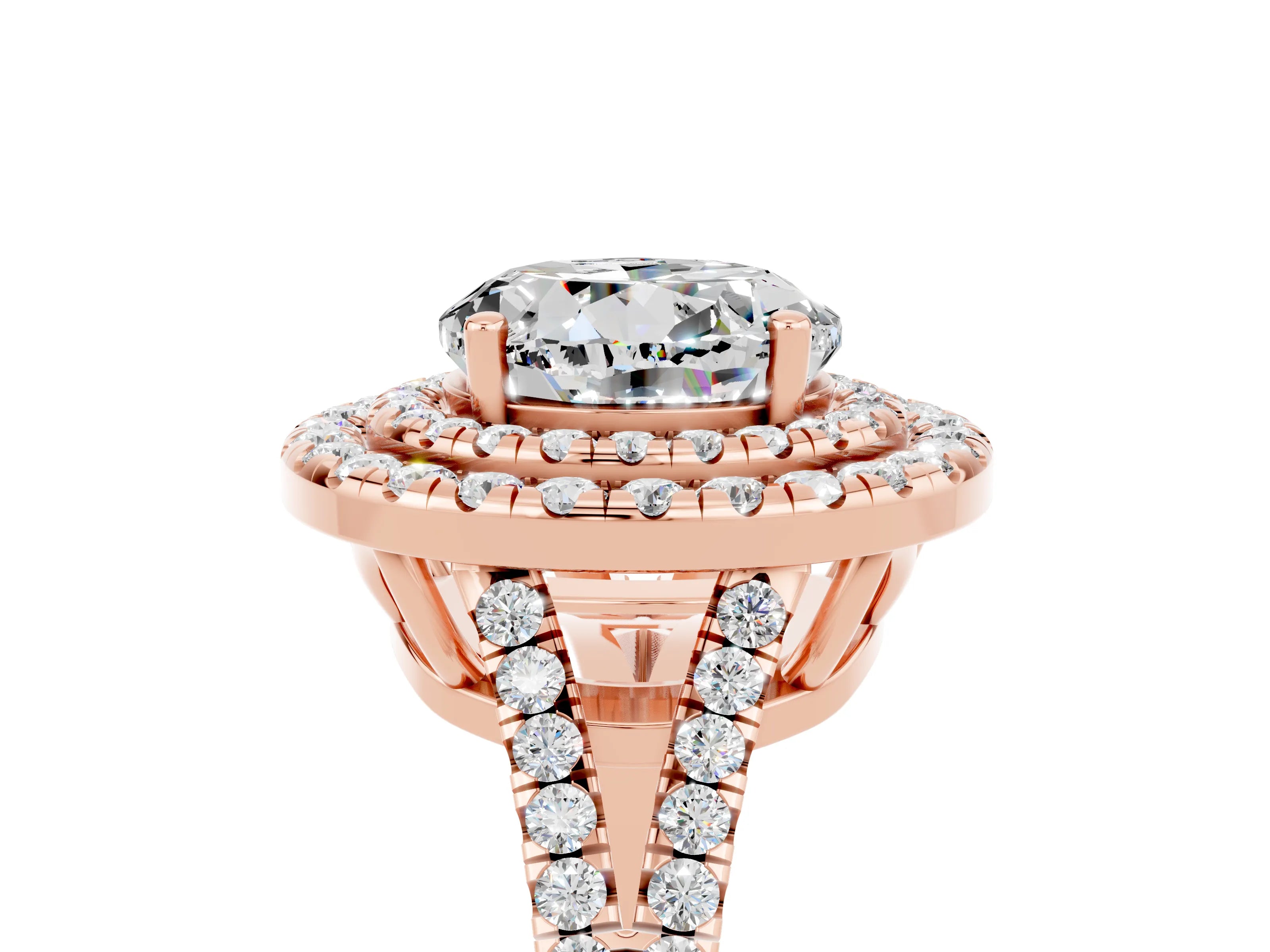 Rose gold Round Cut Moissanite Double Halo Ring with Pavé Band and Prong Setting_17