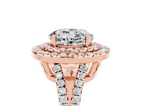 Rose gold Round Cut Moissanite Double Halo Ring with Pavé Band and Prong Setting_17