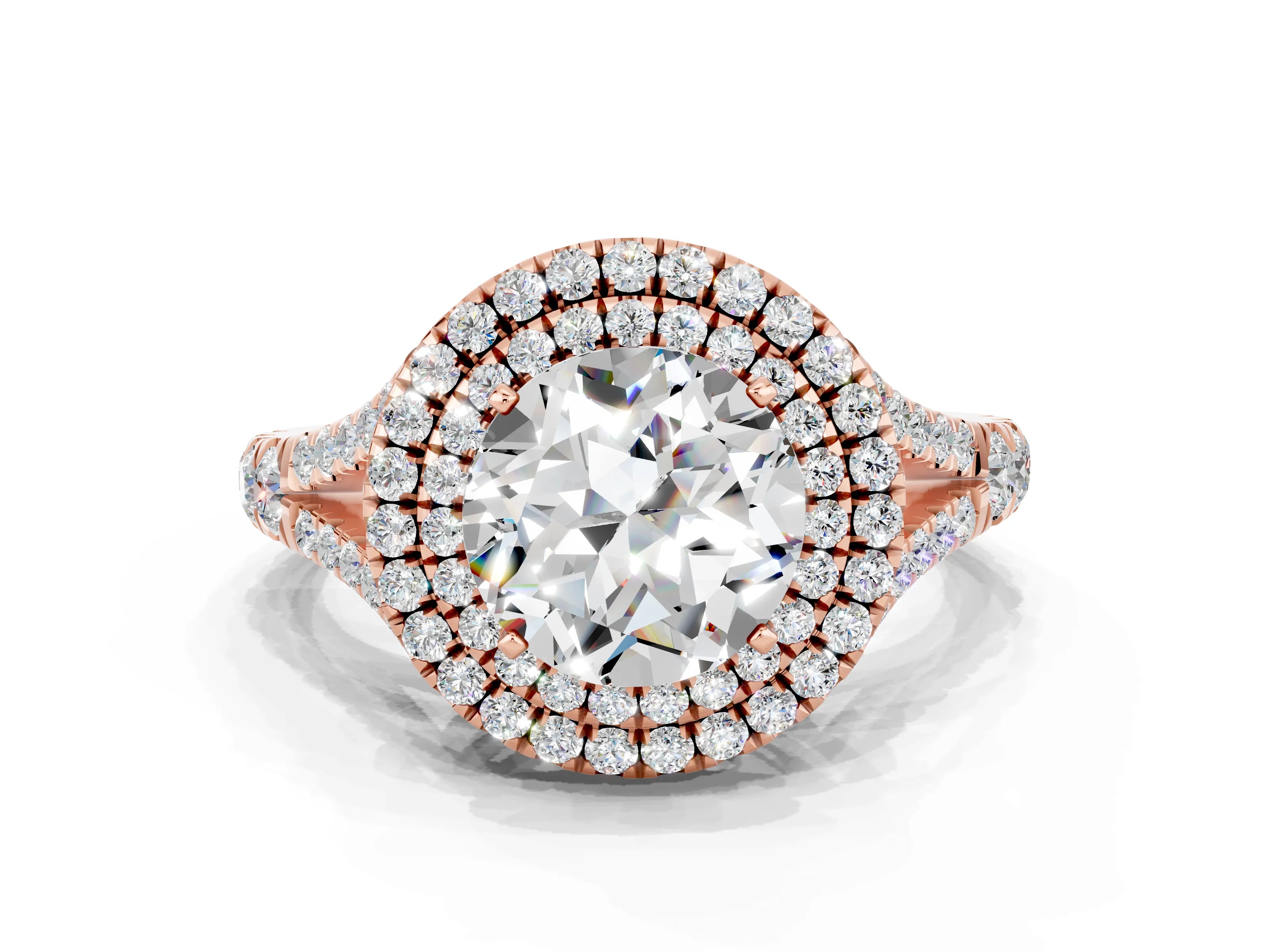 Rose gold Round Cut Moissanite Double Halo Ring with Split Shank and Prong Setting_12