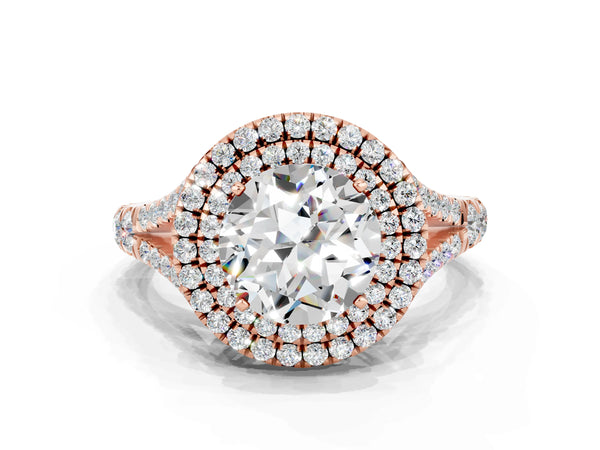 Rose gold Round Cut Moissanite Double Halo Ring with Split Shank and Prong Setting