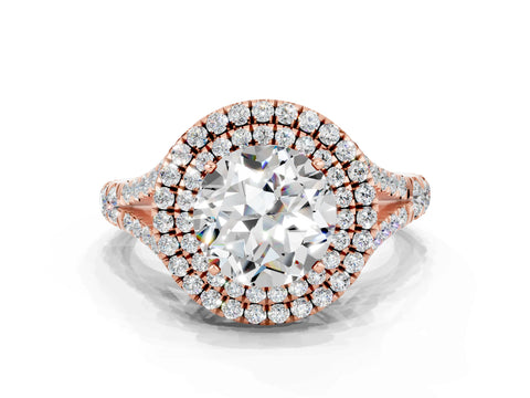 Rose gold Round Cut Moissanite Double Halo Ring with Split Shank and Prong Setting_12
