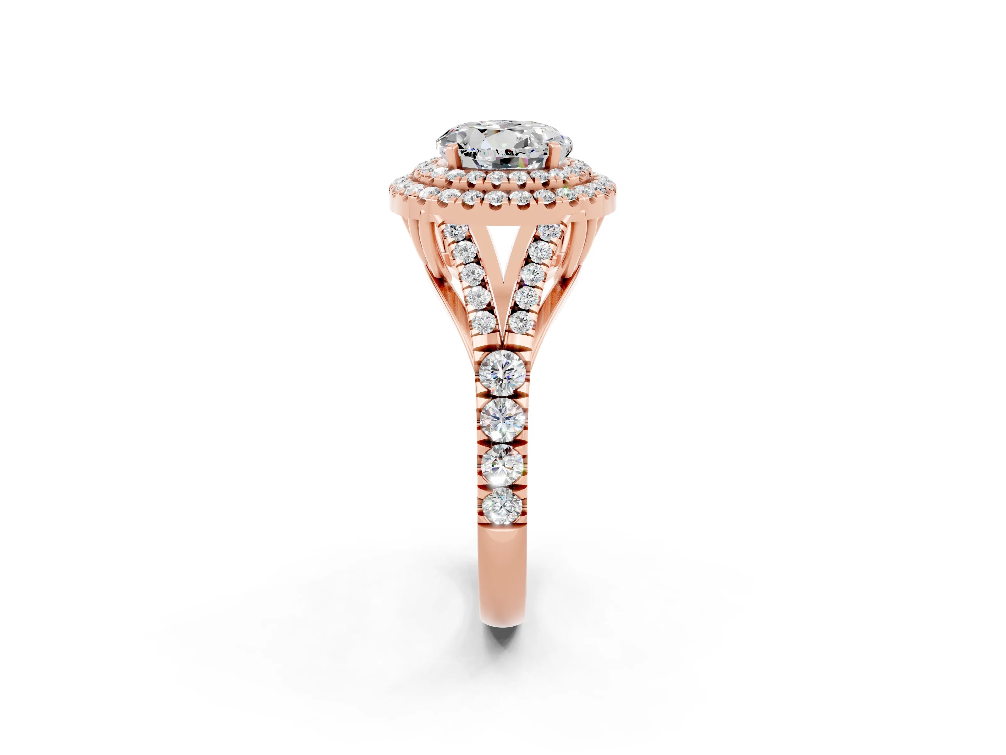 Rose gold Round Cut Moissanite Double Halo Ring with Split Shank and Prong Setting_14
