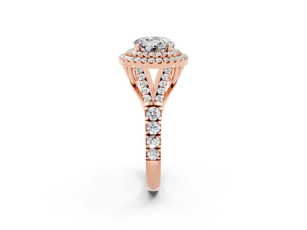 Rose gold Round Cut Moissanite Double Halo Ring with Split Shank and Prong Setting