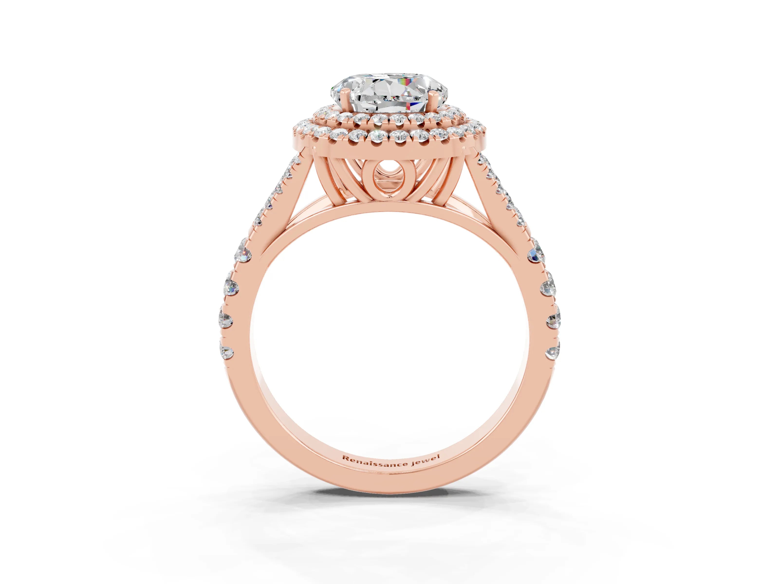 Rose gold Round Cut Moissanite Double Halo Ring with Split Shank and Prong Setting_15