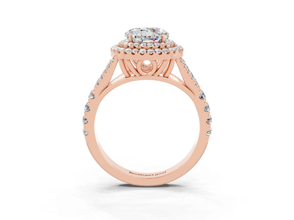 Rose gold Round Cut Moissanite Double Halo Ring with Split Shank and Prong Setting