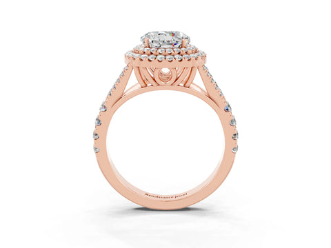 Rose gold Round Cut Moissanite Double Halo Ring with Split Shank and Prong Setting_15