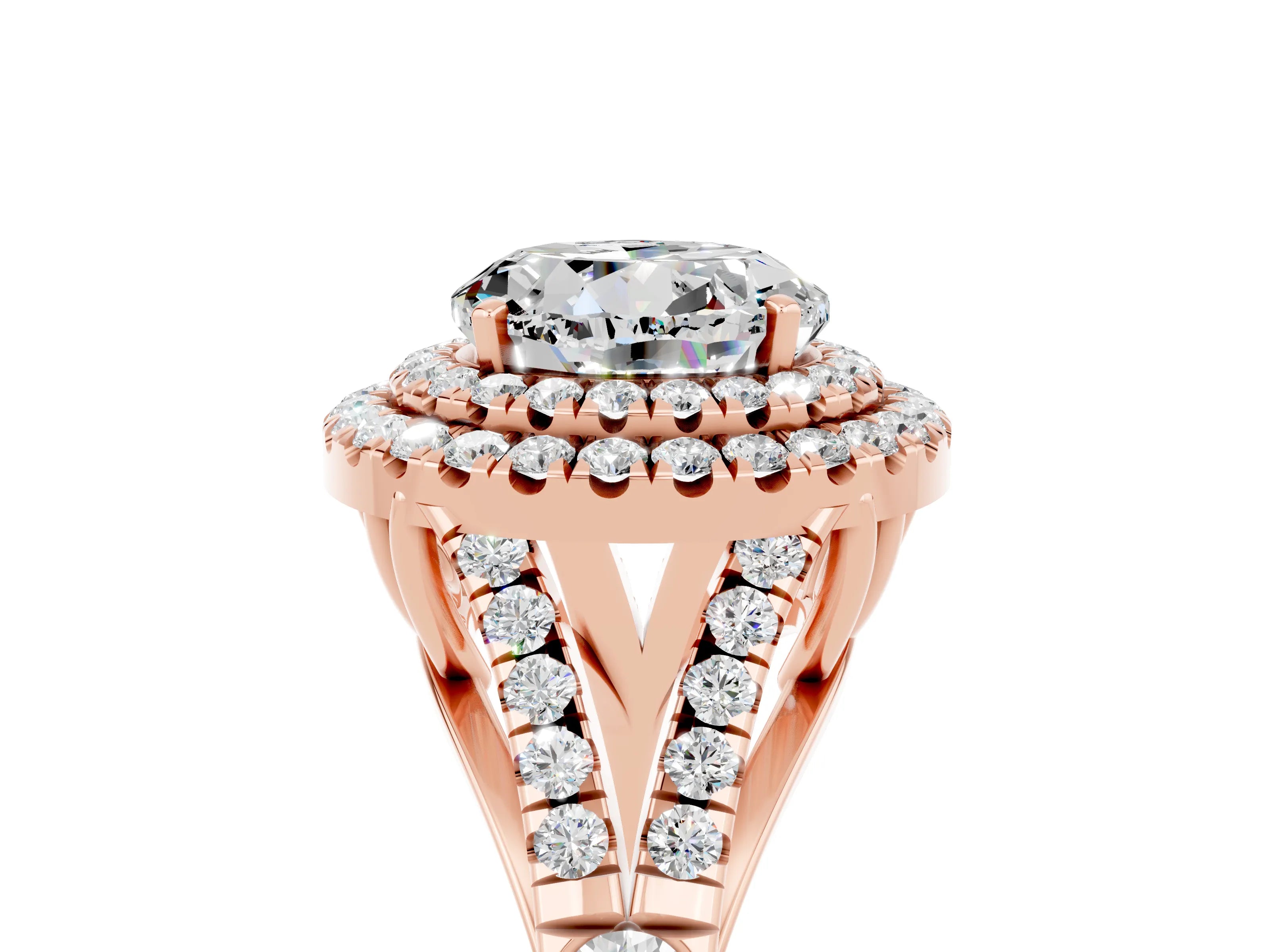 Rose gold Round Cut Moissanite Double Halo Ring with Split Shank and Prong Setting_17