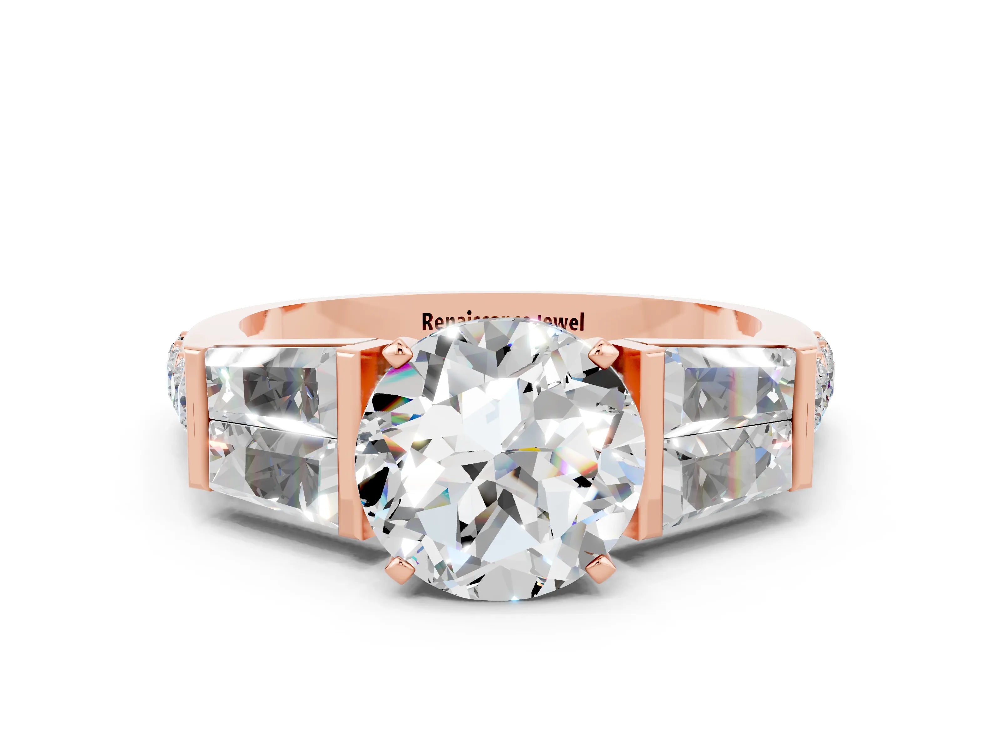 Rose gold Round Cut Moissanite Engagement Ring with Baguette Side Stones and Channel Set Band