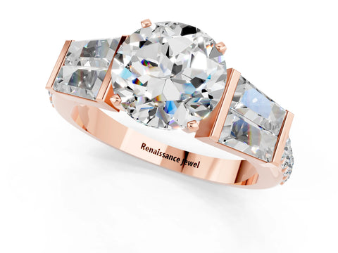 Rose gold Round Cut Moissanite Engagement Ring with Baguette Side Stones and Channel Set Band_1
