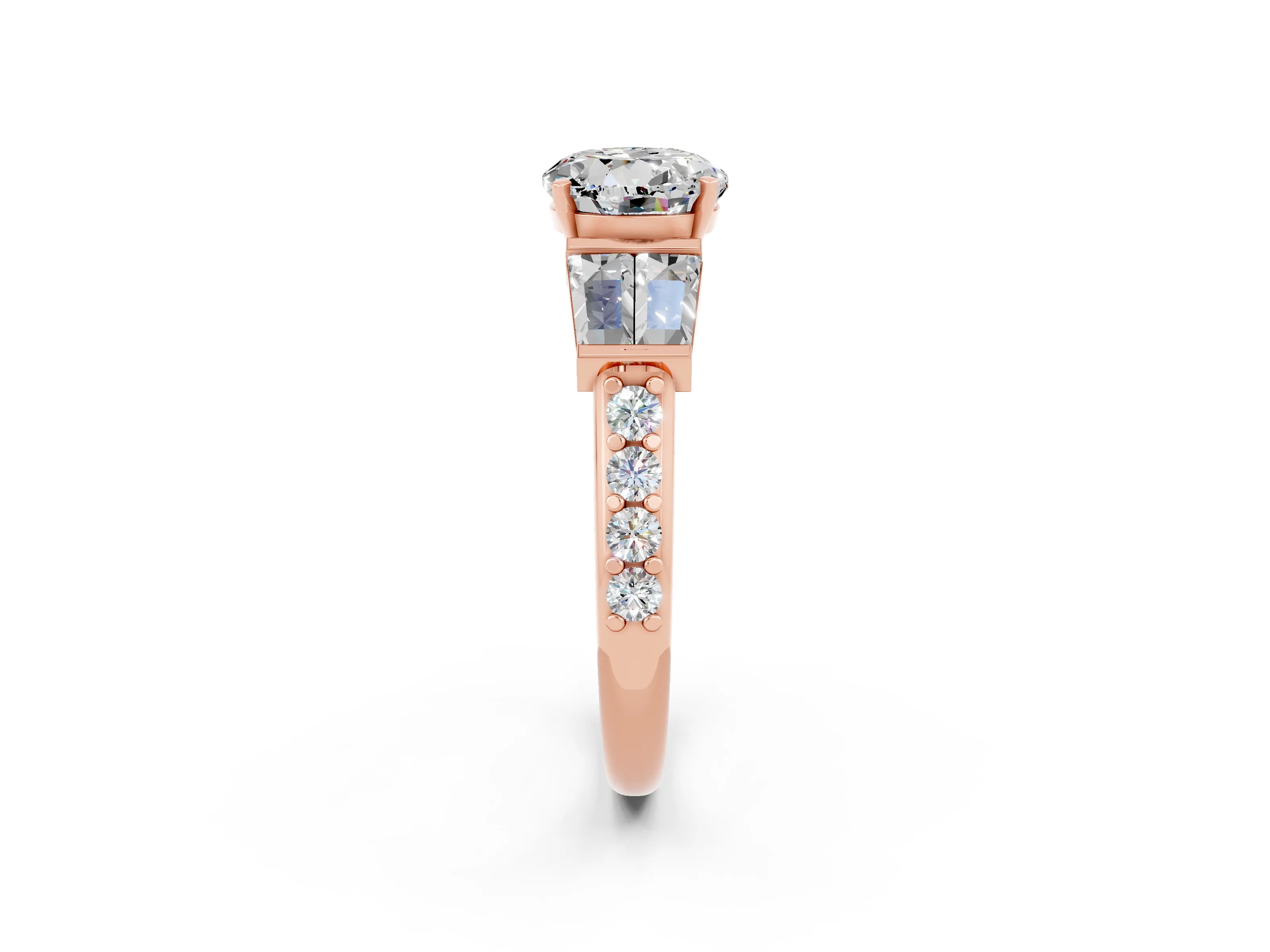 Rose gold Round Cut Moissanite Engagement Ring with Baguette Side Stones and Channel Set Band_2